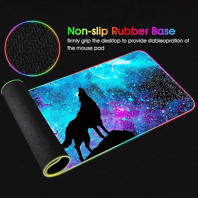 RGB Gaming Mouse Pad with Coffee Coaster XXL Large Glowing LED Mousepad Anti-Slip Rubber Base Computer Keyboard Desk Mouse Mat 31.5 X 11.8 Inch - Blue Galaxy Nebula Wolf