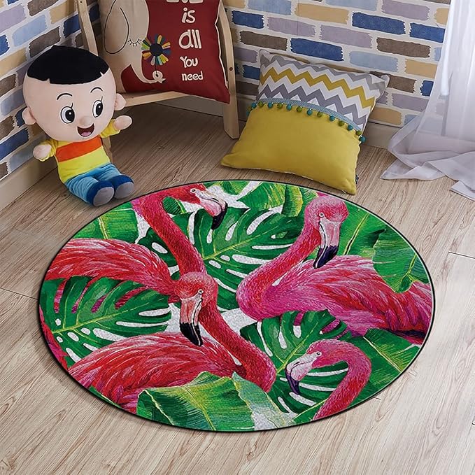 Pink Green Floor Protector Office Chair Mat Gaming Chair Mat Tropic Exotic Leaves Graphic in Retro Style Round Area Rug Swivel Chair Mats for Hardwood Floor Flamingo Diameter 60 in