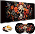Large Game Mouse Pad + Wrist Support Pad + Coffee Coaster Desk Pad with Sewn Edges Anti-Slip Set pad Suitable for Office Work and Home - Skeleton Flower Skull