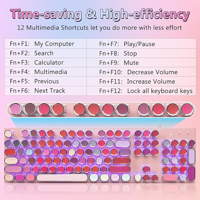 HUO JI Mechanical Gaming Keyboard Typewriter Style with RGB Side Lit and Purple LED Backlit Retro Style Blue Switches - Clicky Metal Panel Lipstick 104 Keys USB Wired for Mac PC Cute Pink