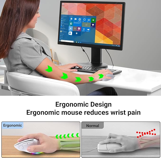 Ergonomic Mouse JigglerBluetooth Vertical Wireless MouseLED Rechargeable Optical Computer Mice Portable(BT5.2 or USB 2.4GHz) Dual Mode1000/1600/2400 DPI8 Buttons for LaptopPCMacbook (white)