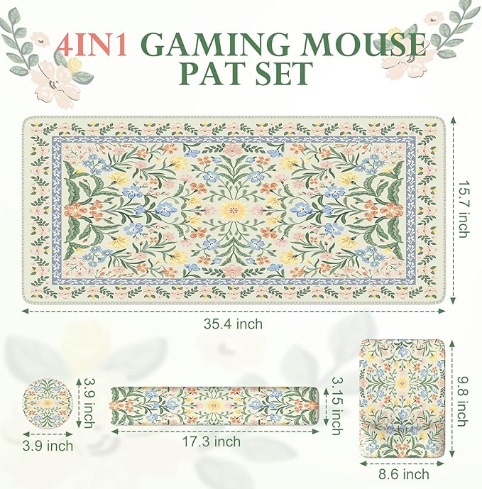 iLeadon Green Floral Desk Cover Mat Computer Mouse Pad and Keyboard Wrist Rest Non-Slip Base Keyboard Wrist Rest and Mouse Pad Set Office Desk Mat Cute for Women (Light Green)