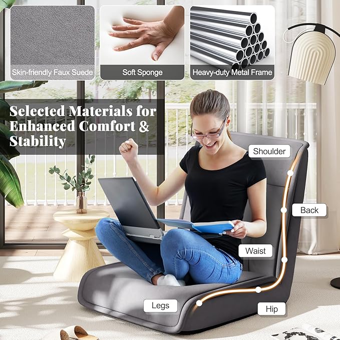 COSTWAY Folding Floor Chair Convertible Lazy Sofa Chair with 14-Poistion Adjustable Backrest 5-Position Adjustable Headrest Cushioned Floor Gaming Chair for Adults Reading Meditating (Grey)