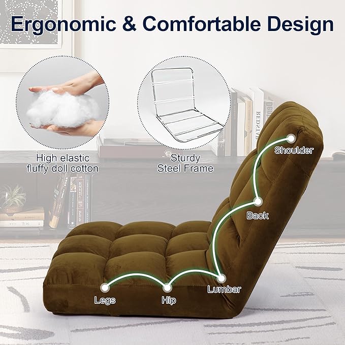 Floor Chair 24 inches Wide Oversized Velvet Armless Lay Flat Floor seat Padded Meditation Chair with 6 Adjustable Position Ergonomic Comfortable Convenient (Modern LRSF-014-TAN)