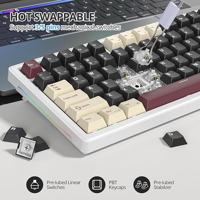 75% Mechanical Keyboard Gasket with Knob Custom Wired Creamy Gaming Keyboard TKL 75 Percent Hot Swappable RGB Backlit Pre-lubed Switch for Win/MAC（Roma/White Switch）
