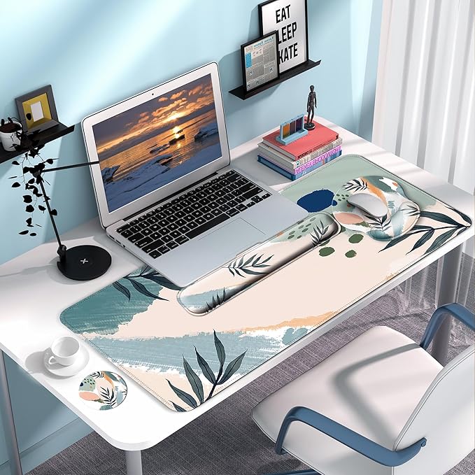 Desk Mat Set + Keyboard and Mouse Pad with Wrist Rest Support4-in-1 Large Mousepad Computer Mats for Desktop Home &amp Office-Leaves 2