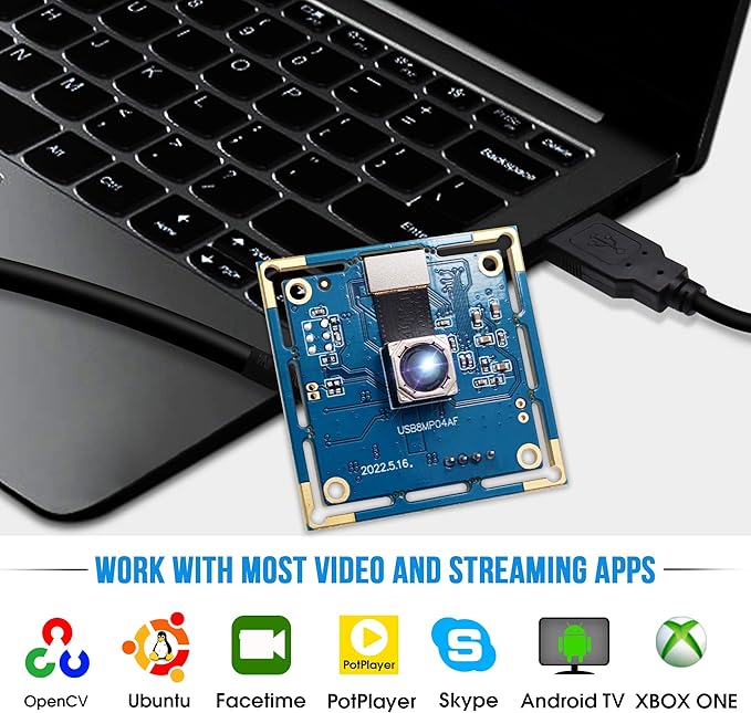 Autofocus USB Camera 8MP 4K Camera Module with 72° Distortion Free LensPlug and Play UVC USB2.0 for PC ComputerCompatible with Windows LinuxIdeal for Industrial Security Video Surveillance