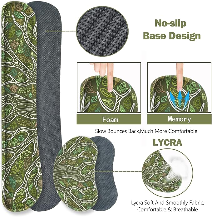 ToLuLu Desk Mat Gaming Mouse Pad Wrist Support 4 in1 Set XXL Large Mouse Pad + Keyboard Wrist Rest + Memory Foam Cushion Mouse Wrist Rest for Pain Relieve + Coaster Table Computer PC Green Leaves