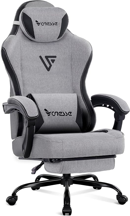 Vonesse Gaming Chair Office Chair with Linen Breathable Mesh Fabric Desk Chair with Lumbar Support and Massage Executive Computer Chairs with Footrest and Headrest (Gray)