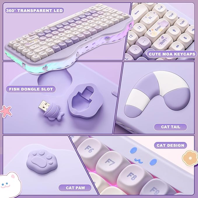 YUNZII C75 Wireless Mechanical Keyboard75% Layout Hot-Swappable NKROBT5.0/2.4G/USB-C ModeDye-Sub PBT MOA KeycapsRGB Gasket MountCute Cake Design for Mac/Win/Gaming (Purple Candy Switch)