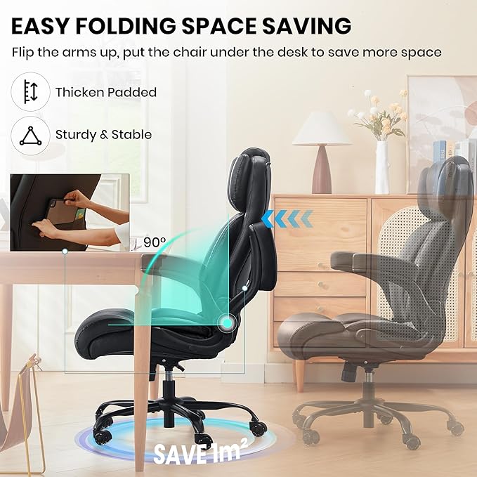 500lbs Big and Tall Office Chair Adjustable Lumbar Support for Back Pain Extra Wide Seat Executive Office Chair Thick Armrest Pad Heavy Duty Base&ampUpgraded Wheels Ergonomic Comfy Computer Desk C