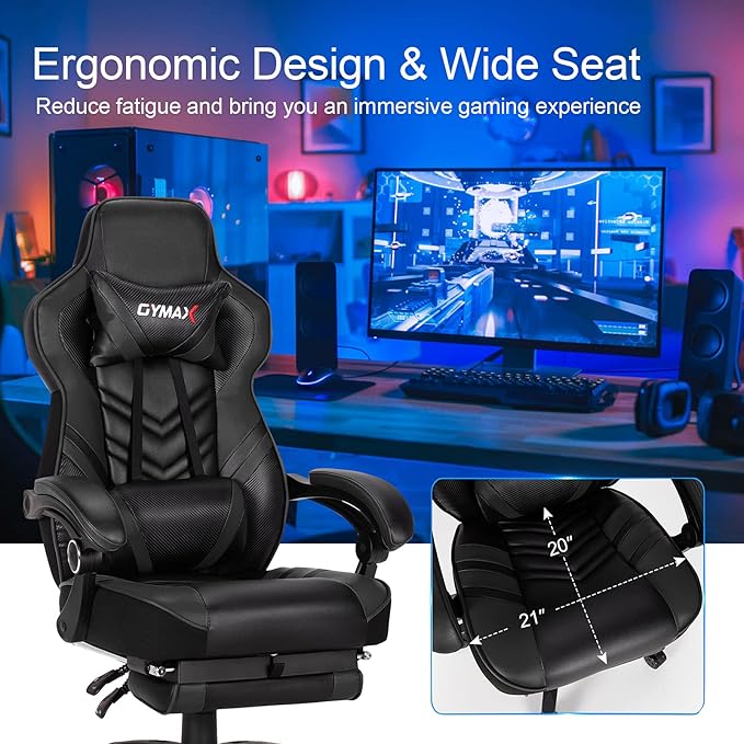 GYMAX Gaming Chair Ergonomic Computer Chair with Footrest Linkage Armrests &amp Lumbar Cushion Big Wide High Back Video Gaming Chair Reclining Office Rolling Chair for Adult/Teens (Black)