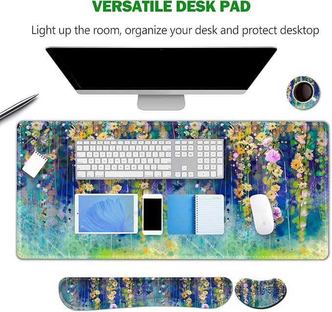 ARTSO Large Gaming Mouse Pad Set Keyboard Wrist Rest Support + Mouse Wrist Cushion + Extended Mousepad + Coaster 35x15.5in Multifunctional Desk Mat 4pcs Oil Painting Flowers