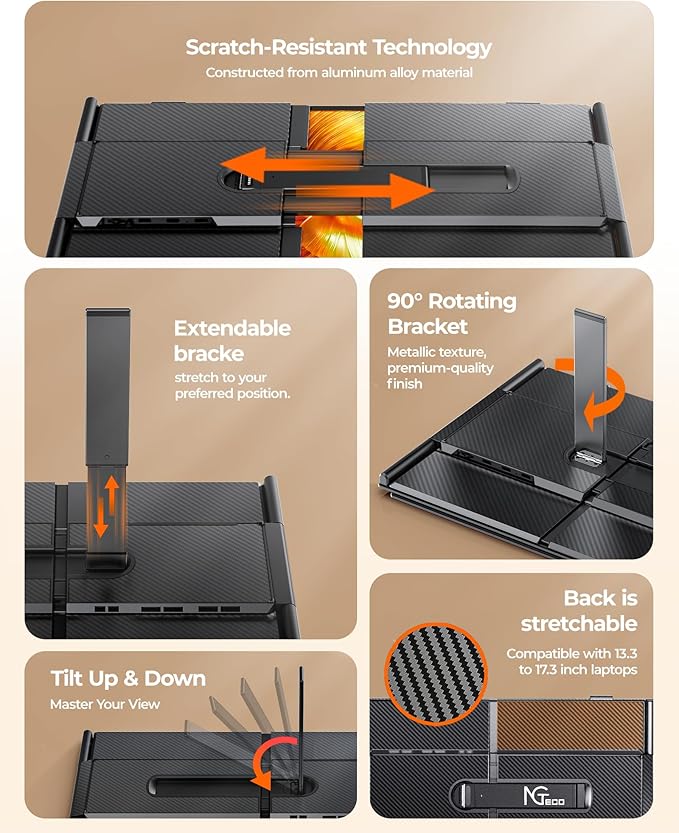 NGTeco 14” Triple Laptop Screen Extender 2.2LB Ultra-Thin &amp Light FHD 1080P Extended Monitor Portable Compatible with 13.3-17.3” Mac/Windows Laptops