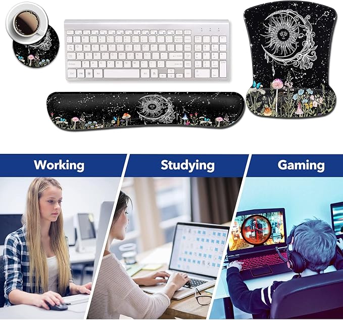 Keyboard Wrist Rest and Mouse Pad with Wrist Support Ergonomic Gel Mouse Pad for Easy Typing Pain Relief Memory Foam Keyboard Wrist RestSun Moon Wildflowers Butterfly Starry Sky Black Mousepads