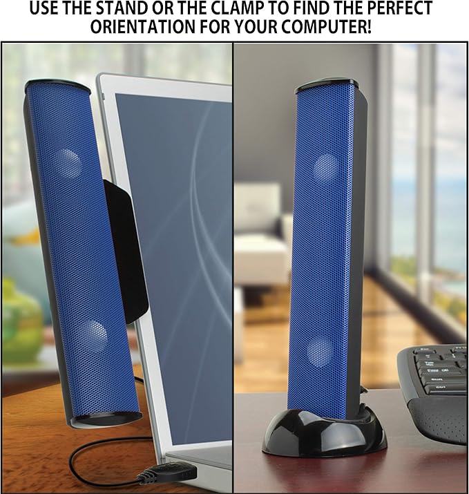 GOgroove SonaVERSE USB Speakers for Laptop Computer - USB Powered Mini Sound Bar with Clip-On Portable External Speaker Design for Monitor One Cable for Digital Audio Input and Power (Blue)