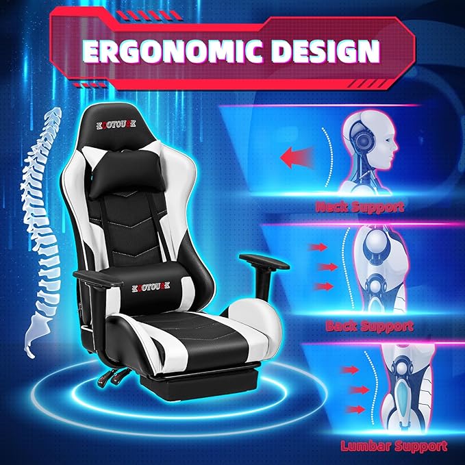 ECOTOUGE PC Massage Gaming Chair with Footrest Ergonomic Office Desk Chair Racing PU Leather Recliner Swivel Rocker with Headrest and Lumbar PillowWhite