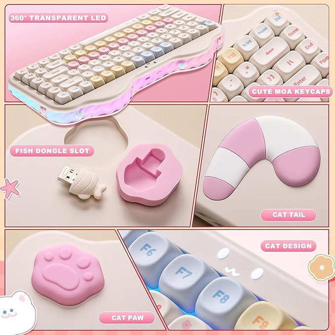 YUNZII C75 Wireless Mechanical Keyboard75% Layout Hot-Swappable NKROBT5.0/2.4G/USB-C ModeDye-Sub PBT MOA KeycapsRGB Gasket MountCute Cake Design for Mac/Win/Gaming (Beige Milk V2 Switch)
