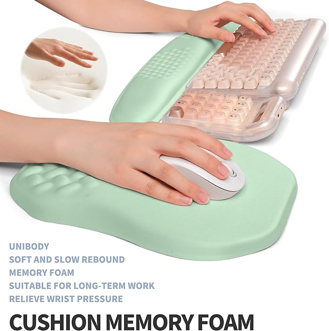 2-in-1 Ergonomic Set Wave Keyboard Wrist Rest and Massage Slope Mouse Pad Wrist Support Rebound Memory Foam for Relieve Carpal Tunnel Syndrome and Wrist Pain (Light Green)