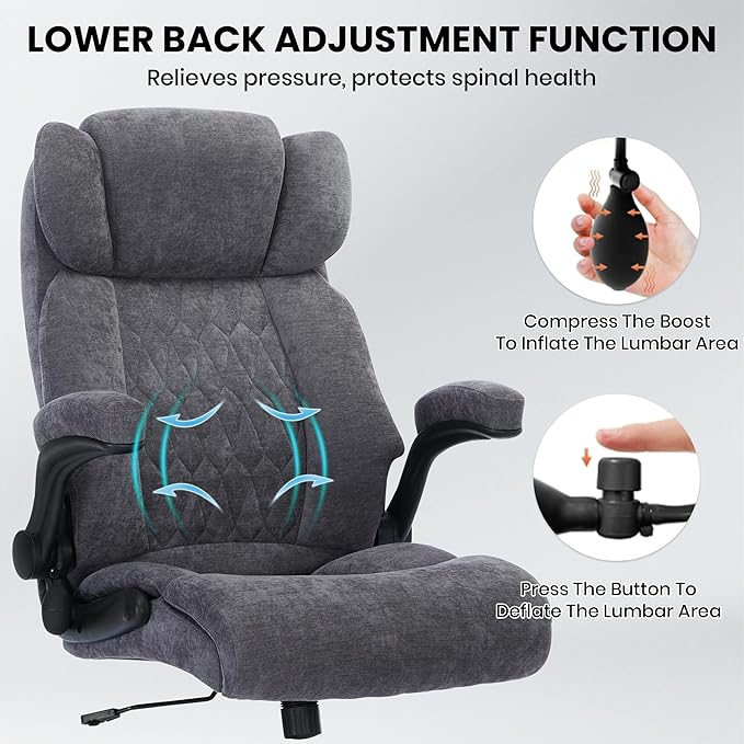 500lbs Big and Tall Office Chair Adjustable Lumbar Support for Back Pain Extra Wide Seat Executive Office Chair Thick Armrest Pad Heavy Duty Base&ampUpgraded Wheels Ergonomic Comfy Computer Desk C