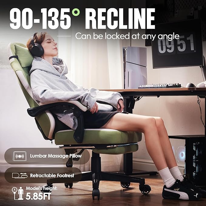Dowinx Gaming Chair Fabric with Pocket Spring Cushion High Back Ergonomic Computer Chair with Footrest for Adults Massage Lumbar Support Swivel Game Chair for Office Gaming 300LBS Green