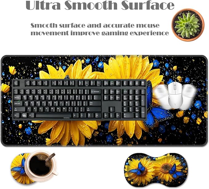 Ergonomic Keyboard Wrist Rest &amp Mouse Pad Wrist Rest SetXL Gaming Desk Mat 31.5x 11.8Non-Slip BaseMemory FoamEasy Typing Pain Relief for Office &amp HomeSunflowers Blue Butterflies