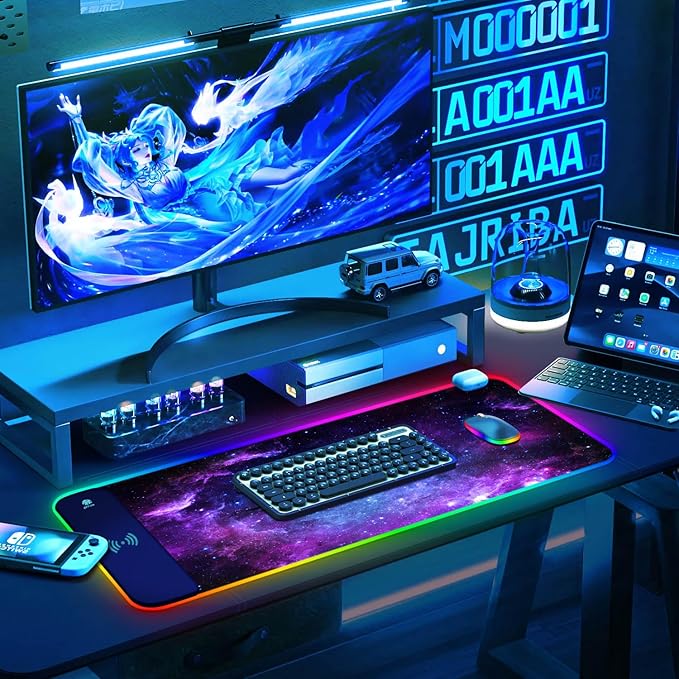 ToLuLu RGB Gaming Wireless Charging Mouse Pad 7.5/10/15W 10 Light Modes LED Mouse Pad Computer Keyboard Mat Mousepad 800x300x4MM Extended Large Desk Mat for MacBook Laptop PC Purple Galaxy Space