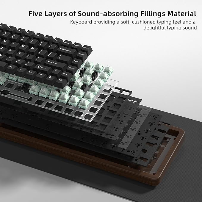 Womier 75% Mechanical Keyboard Wireless with Wood Natural WD75 V2 QMK/VIA Gaming Creamy Keyboard 8000mAh Battery Tri-Mode Key Board RGB Hot Swappable with PBT Keycaps-POM Linear SwitchBlack