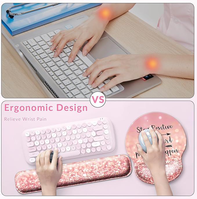 Desk Mat Set + Keyboard and Mouse Pad with Wrist Rest Support4-in-1 Large Mousepad Computer Mats for Desktop Home &amp Office-Glitter Pink