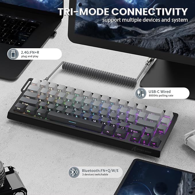 ATTACK SHARK X68PRO HE Rapid Trigger Wireless Keyboard 0.01mm RT Accuracy 8000Hz Wired Gaming Keyboard Adjustable Actuation Snap Tap RGB Backlit Magnetic Switch C01 Coiled Cable -Black Gradient