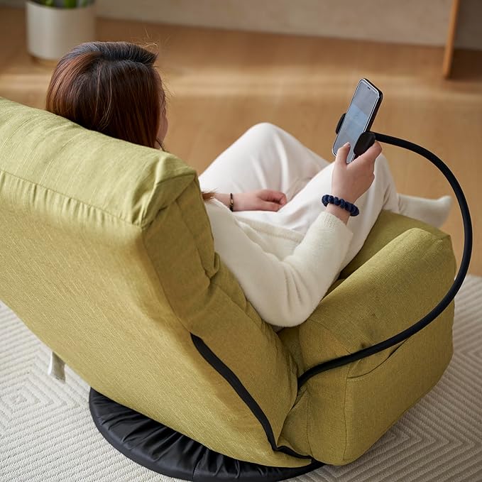 Gaming Lounge Chair Floor 360° Swivel Gaming Floor Chair Adjustable Phone Holder 5-Position w/Arms Foldable for Adults Living Room Dorm Rotatable Leisure Sofa Premium (Green)