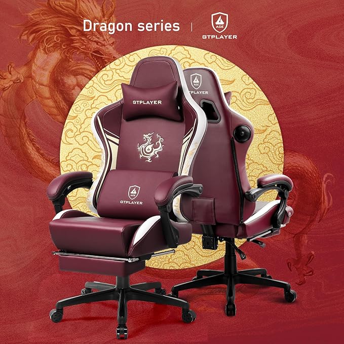 GTPLAYER Gaming Chair with Bluetooth Speakers and Footrest Dragon Series Video Game Chair Heavy Duty Ergonomic Esports Computer Office Chair (RED)