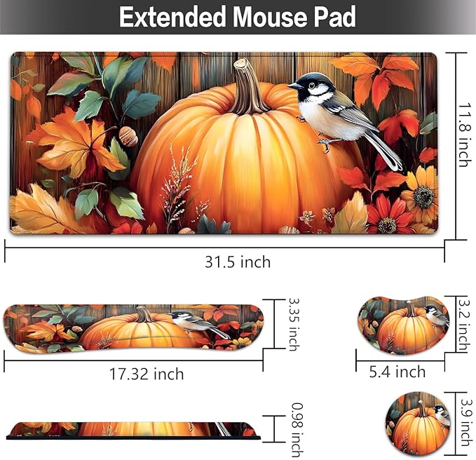 Large Mouse pad and Keyboard Support Set Ergonomic Memory Foam Keyboard Wrist Rest Extended Gaming Mouse Pad with Stitched Edges Fall Pumpkins and Bird XXL Desk Mat (31.5 X 11.8 in)