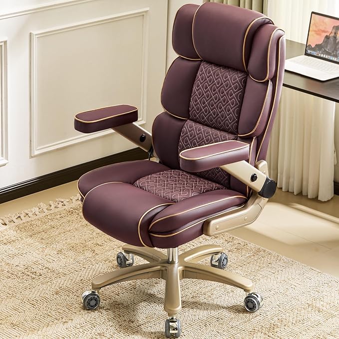 Heavy Duty Executive Leather Chair Big and Tall Office Chair 500lbs with 5D Flip-up Armrests Comfortable Seat Adjustable Lumbar High Back Large Computer Desk Chair for Home Office Brown