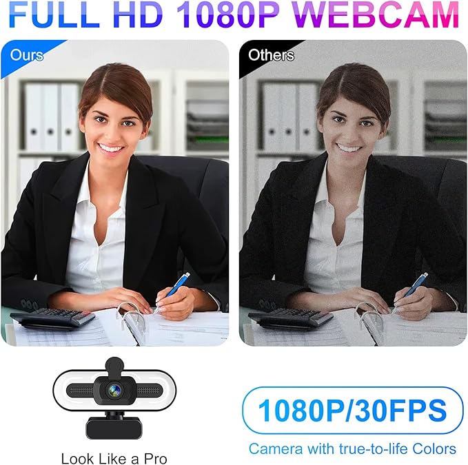 1080P Webcam with Microphone for Desktop USB PC Laptop Computer Camera with Ring Light &amp Webcam Cover 3 Light Colors 110 Wide Angles View Plug and Play