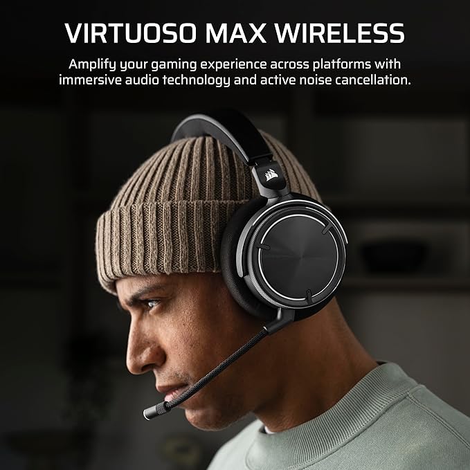 Corsair Virtuoso MAX Wireless Gaming Headset – Dolby Atmos Active Noise Cancelling Sonarworks SoundID Simultaneous 2.4GHz Wireless &amp Bluetooth 50mm Graphene Drivers PC Mac PS5/PS4 – Carbon