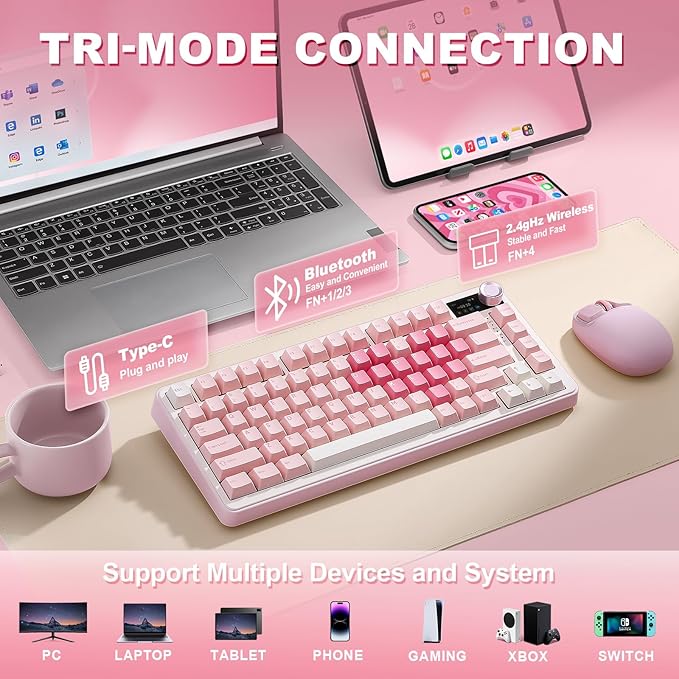 YUNZII B75 PRO MAX QMK/VIA Wireless Mechanical Keyboard75% Layout with Screen and KnobCustom Hot Swap GasketCreamy Pre-lubed SwitchesBluetooth/Type-C/2.4G for Win/Mac (Pink HeartCandy Switch)