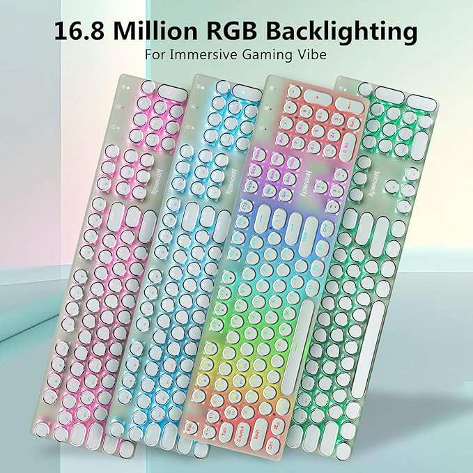 Redragon K710 Wireless Typewriter Mechanical Gaming Keyboard Bluetooth/2.4Ghz/Wired RGB Led Backlit Blue Switch - Clicky Rechargeable Solid Metal Panel Round Keycaps Green