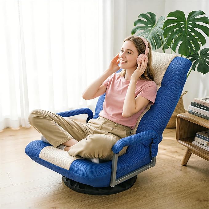 SUPER DEAL Floor Gaming Chair with Arms Floor Lazy Lounger Chair with Adjustable 5 Positions 360 Degree Swivel for Adults Teens Reading Relaxing Watching TV Blue and Beige