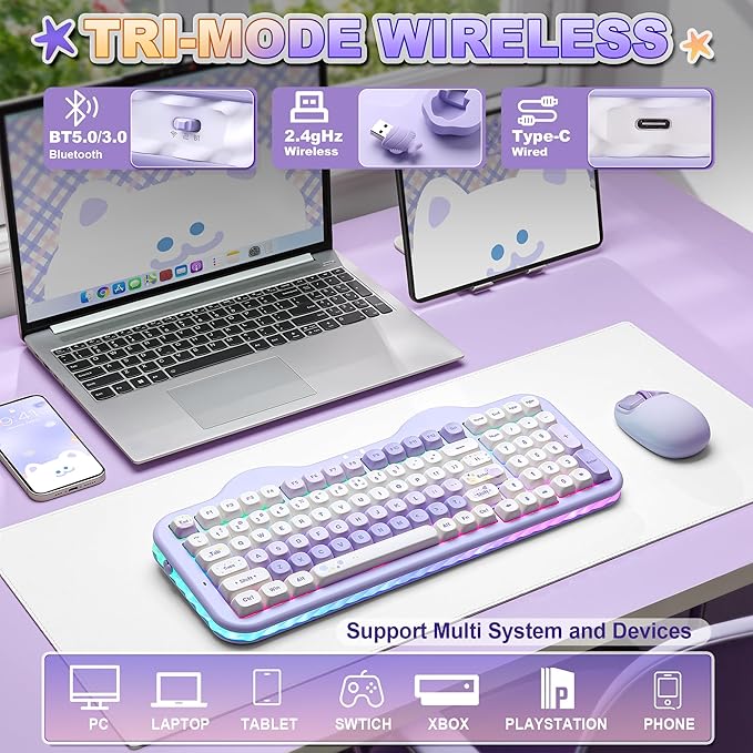 YUNZII C98 Wireless Mechanical Keyboard with Number Pad99 Key BT5.0/2.4G/USB-C Hot Swap Gasket Mount with PBT MOA KeycapsCustom RGBCute Cake Keyboard for Win/Mac (Purple Candy Linear Switch)