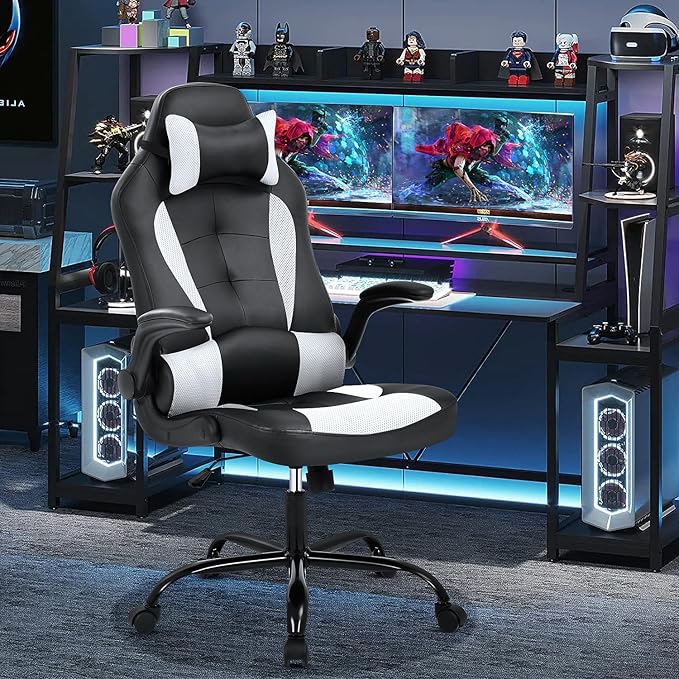 Gaming Chair High Back Computer Chair Egonomic Office Chair PU Leather Video Game Chairs Swivel Executive Chairwith Flip Up Arm Headrest Racing Chairs Rolling Chair for Adults White