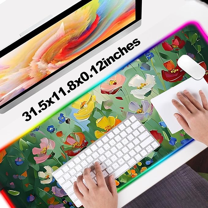 RGB Abstract Green Wildflower Gaming Desk Mat Computer Keyboard Large Extended Long Floral LED Mouse Pad for Office and Home XL (W23)