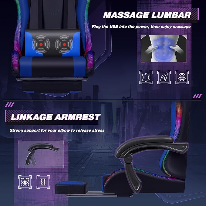Homall Gaming Chair Video Game Chair with Footrest and Massage Lumbar Support Ergonomic Computer Chair Height Adjustable with Swivel Seat and Headrest (RGB Blue)