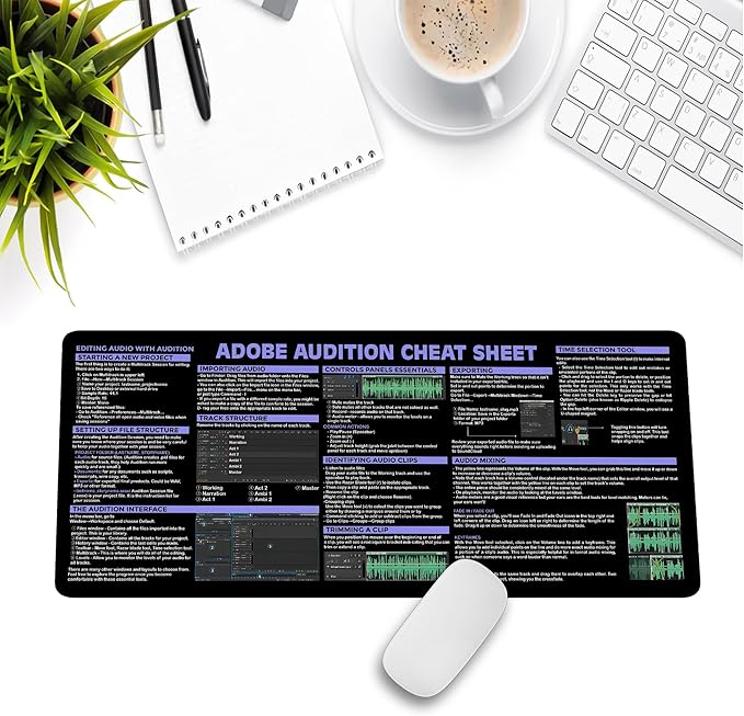 Audio Editing Shortcuts Cheat Sheet Mouse Pad Mouse Pad for Audio Editors Adobe Large Desk Mat Sound Producers Mousepad Essential Computer Accessories for Study Work and Reference Purposes