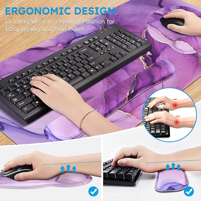iCasso Purple Ergonomic Large Mouse Pad with Wrist Support 4in1 XXL Desk Mat Set- Keyboard Wrist Rest + Mouse Wrist Rest + Coaster Marble Style Desk Pad Mousepad
