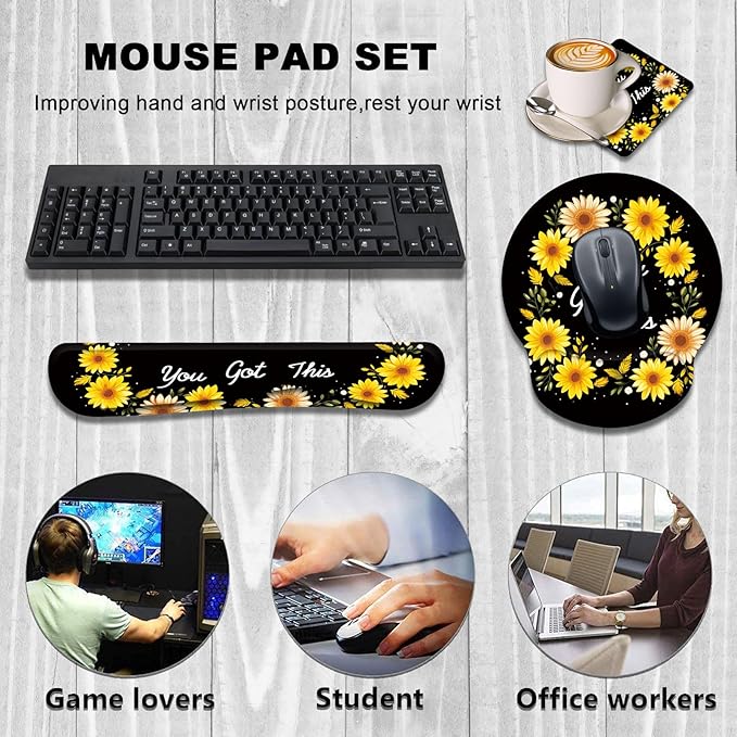 Keyboard Wrist Rest and Mouse Wrist Rest Pad with Cup CoasterMade of Memory FoamErgonomic SupportEasy-Typing and Pain Relieffor Gaming Office Home ComputerYou Got This Sunflower