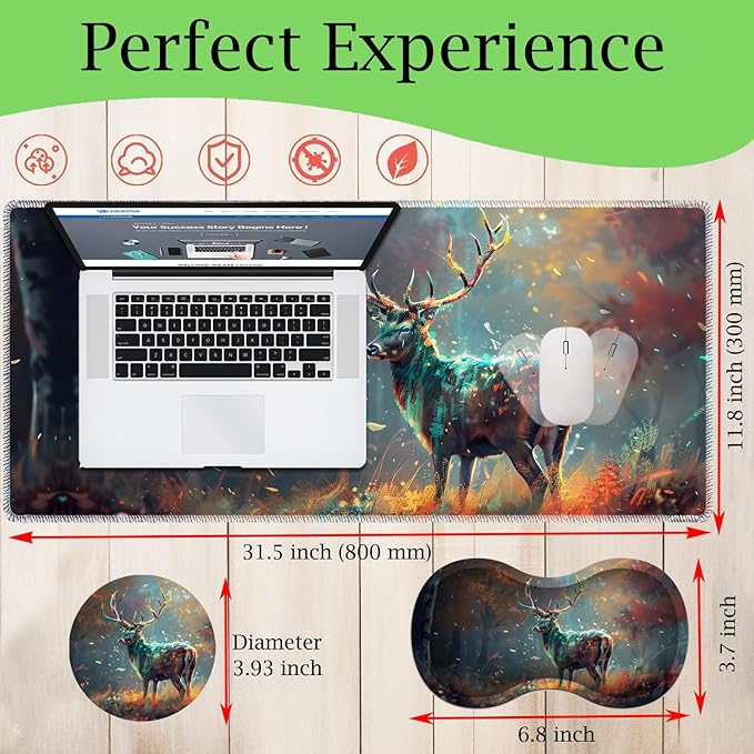 3-in-1 Large Mouse Pad Gaming Set (31.5 x 11.8 inch)+ Wrist Rest Pad + Coaster Memory Foam Gel Wrist Rest Pad for Pain Relief Stitched Edges Non-Slip Table Mat Painted Deer
