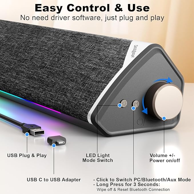 SOULION Computer Speakers USB-Powered Bluetooth PC Soundbar with Dynamic RGB LED Lights Surround Sound for Desktop Laptop Office Work Music &amp Gaming Black (USB-C to USB Adapter Included)
