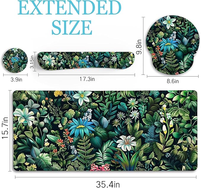Floral Mouse Pad Large Desk Mat Set Green Ergonomic Mouse Pad with Wrist Rest Keyboard Wrist Support XXL Mousepad Cup Coaster Set Cute Green Office Desk Accessories Decor Supplies