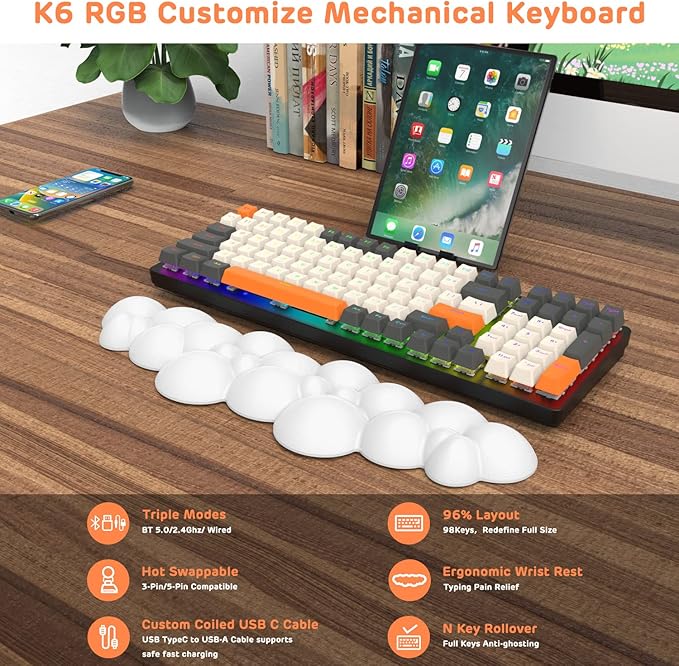 ATTACK SHARK Wireless Mechanical Keyboard 2.4G/USB-C/Bluetooth Hot Swappable 96% 100 Keys 4000mAh RGB Wrist Rest Clicky Blue Switches for PC Mac iPad